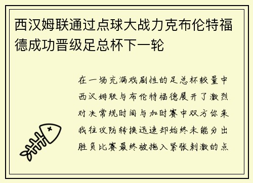 西汉姆联通过点球大战力克布伦特福德成功晋级足总杯下一轮 西汉姆联通过点球大战力克布伦特福德成功晋级足总杯下一轮